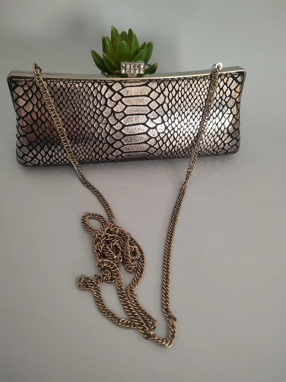 Metallic Snake-Print Evening Clutch with Chain Strap